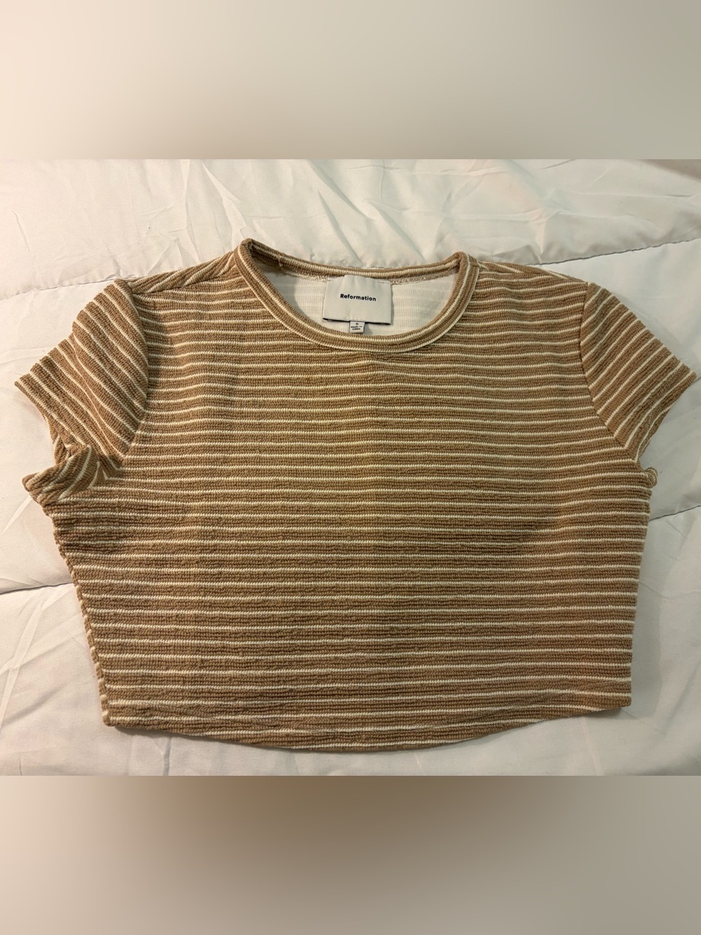 Reformation Tan & Cream Ribbed Striped Crop Tee